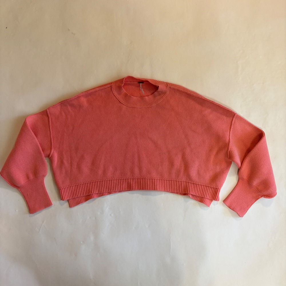 Free People Coral Pink Ribbed Boxy Cropped Pullover Sweater Size Large OB961701